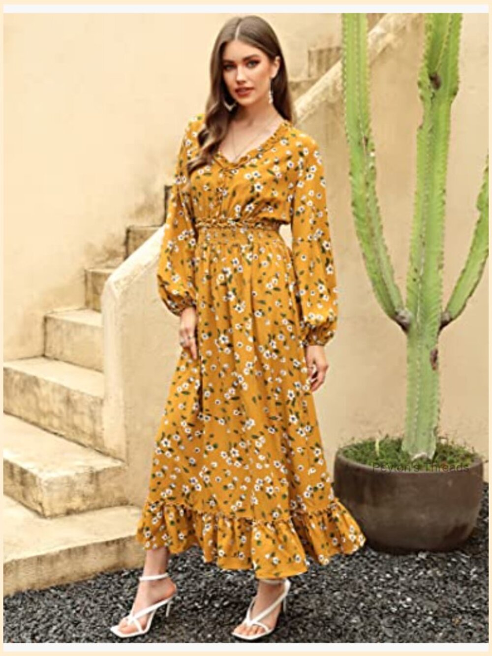 V Neck Boho Floral Print Maxi Dress Wedding Guest Flowy Bohemian Long Sleeve - Picture 5 of 7
